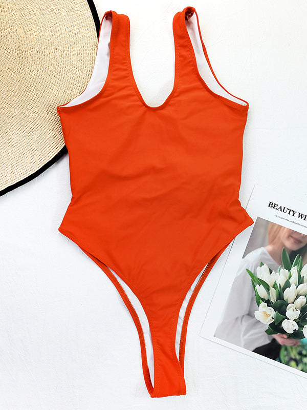 Brown Drawstring Tied One-Piece Swimsuit