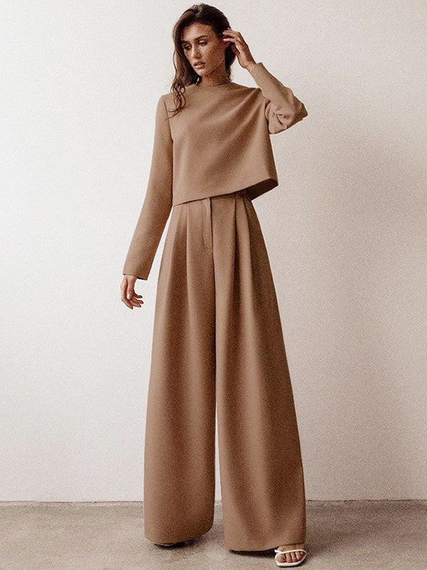 Casual Solid Color Round-Neck Long Sleeves T-Shirt+Wide Leg Pants 2 Pieces Set