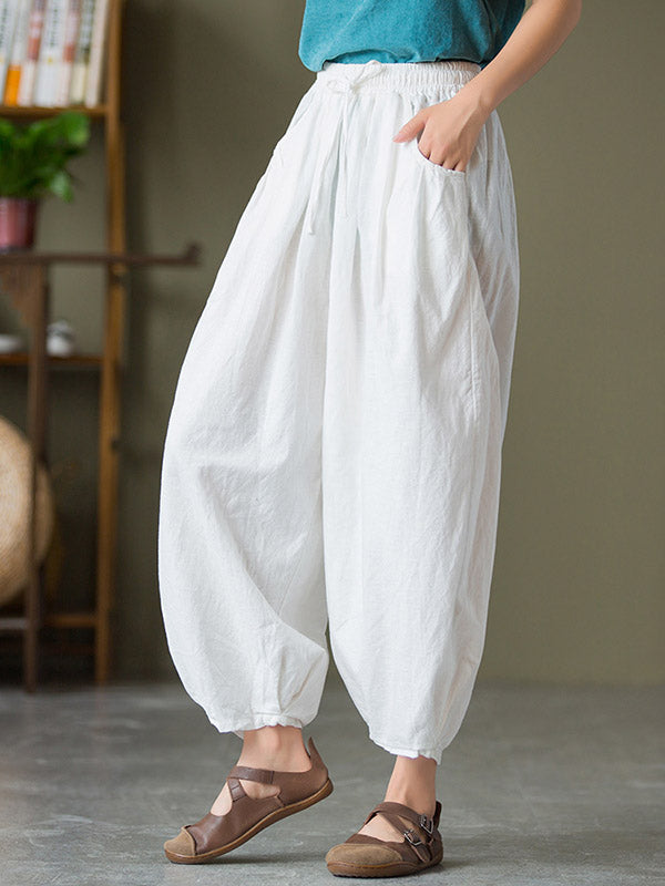 Simple Casual Loose Linen Solid Color Pleated Drawstring Knickerbockers