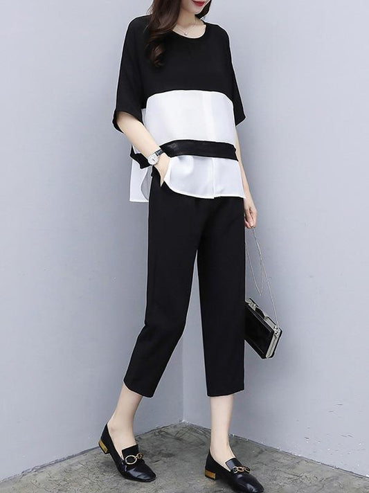 Chiffon Office Loose Elastic Waist White Black Suit