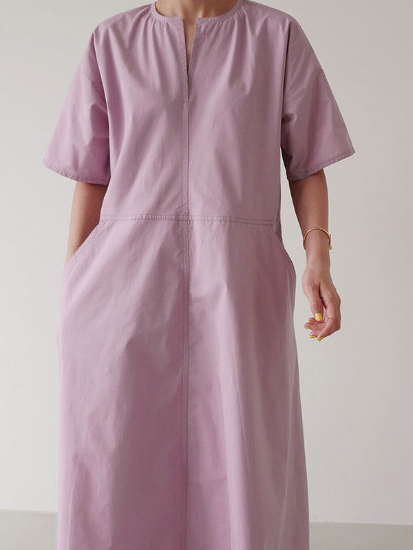 Casual Loose Solid Color Pleated V-Neck Half Sleeves Midi Dress