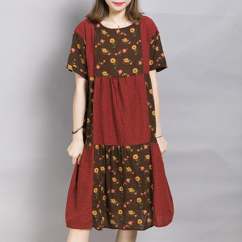 Casual Floral And Plaid Pattern Midi Dress