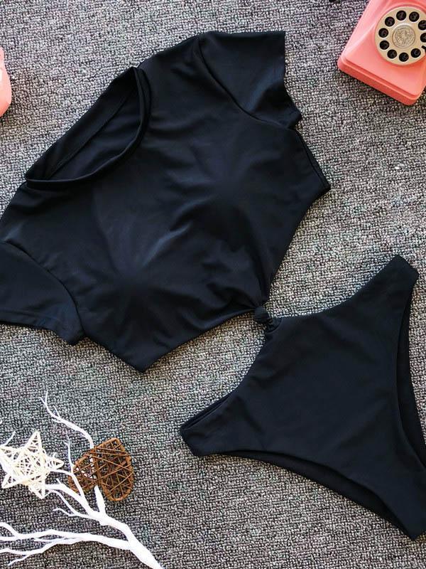 Black Short Sleeves Knot One-piece Swimwear