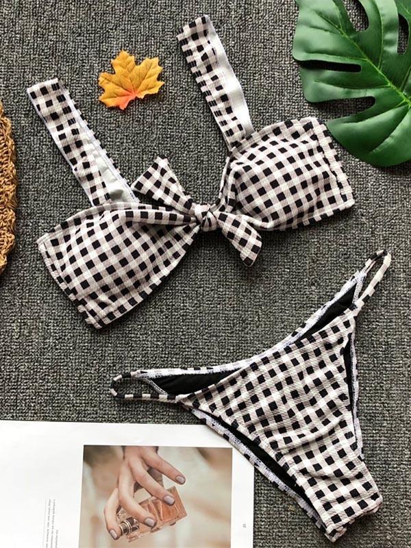 Sexy Plaid Bow-Embellished  Bikinis Swimwear