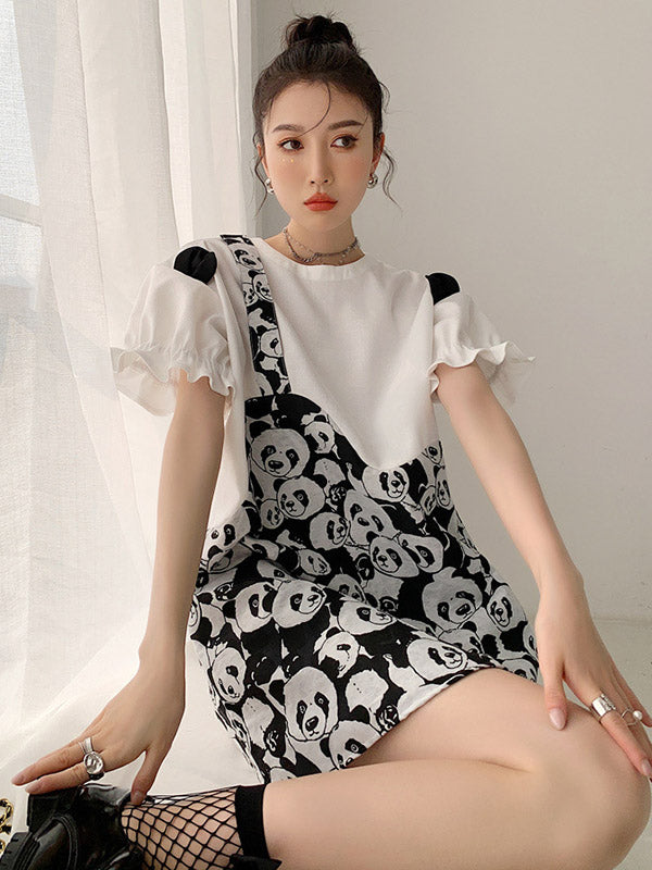 Original Stylish Falbala Split-Joint Panda Printed Round-Neck Bishop Sleeves T-Shirt Mini Dress