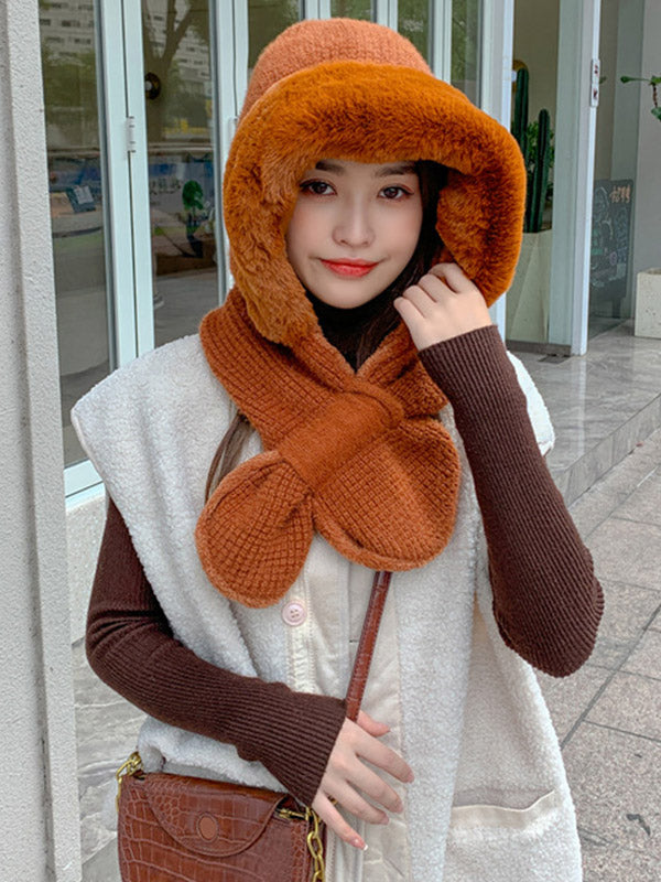 Casual Warm Solid Color With Scarf Knitted Hat