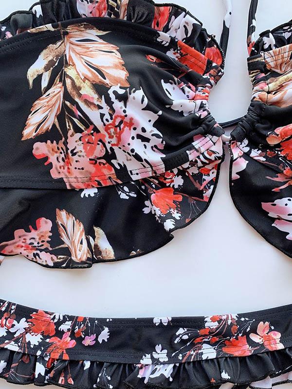 Floral-Print Falbala Split Bikini Swimsuit