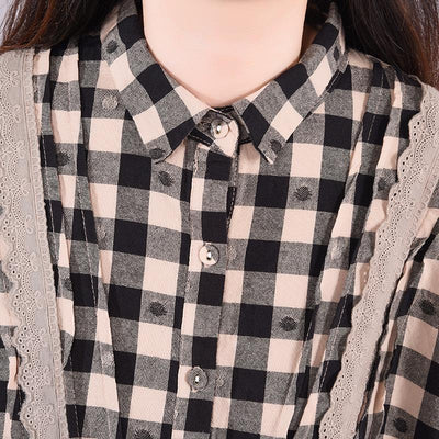 Buykud Lace Spliced Plaid Dot Loose Casual Dress