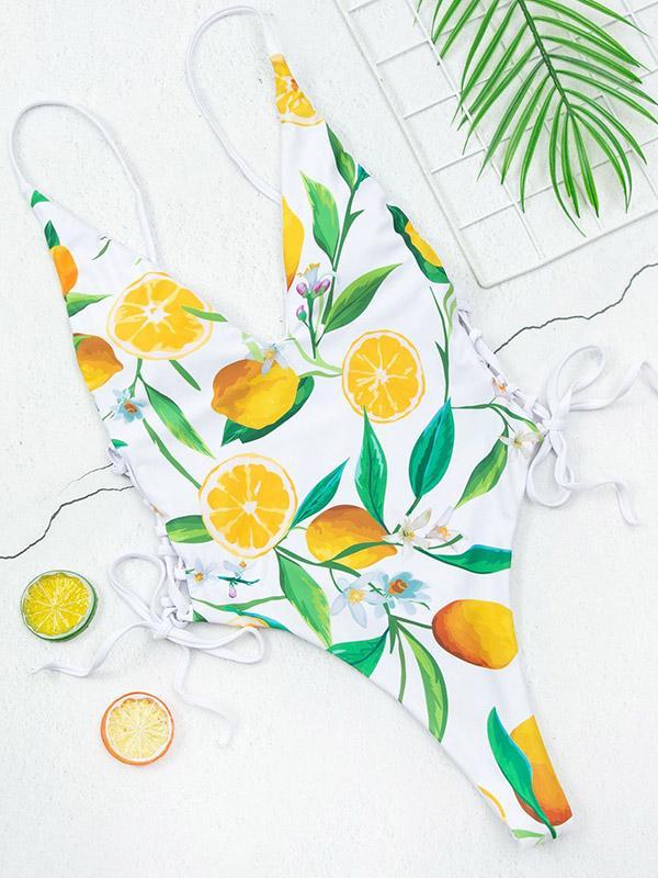 Lemon Print Lace-Up V-Neck One-Piece Swimsuit