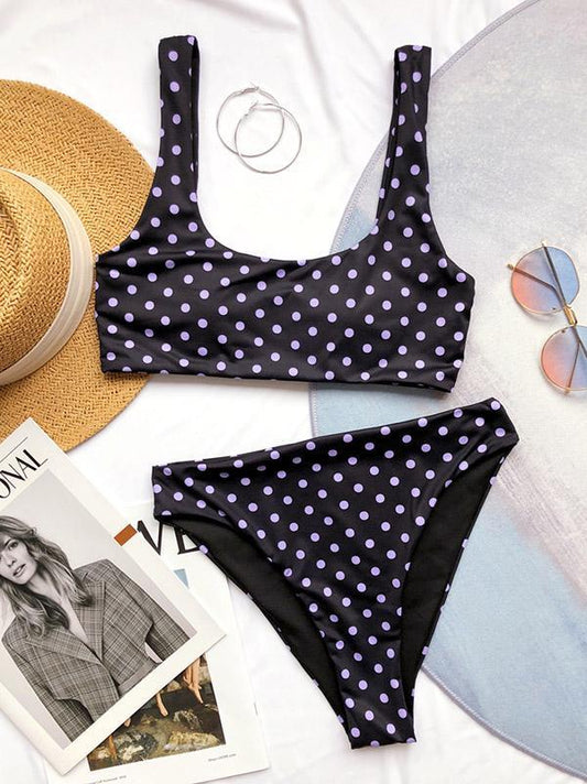 Polka-Dot Printed U-Neck Split Bikini Swimsuit