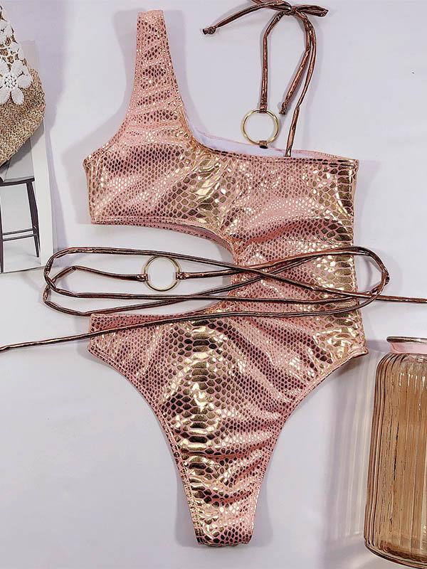 Snake-Print Asymmetric Bandage Split Bikini Swimsuit