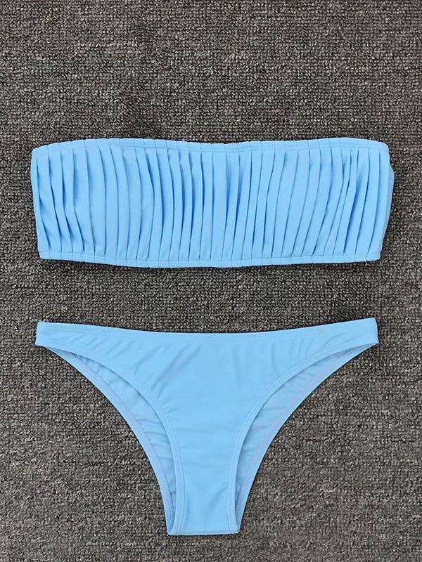 Pleat Gathered Bandeau Split Bikini Swimsuit