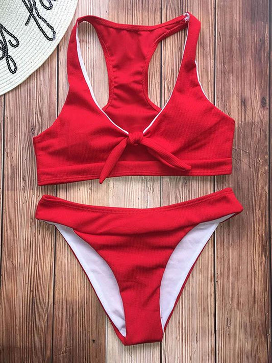 Solid Color Knotted Hollow Split Bikini Swimsuit