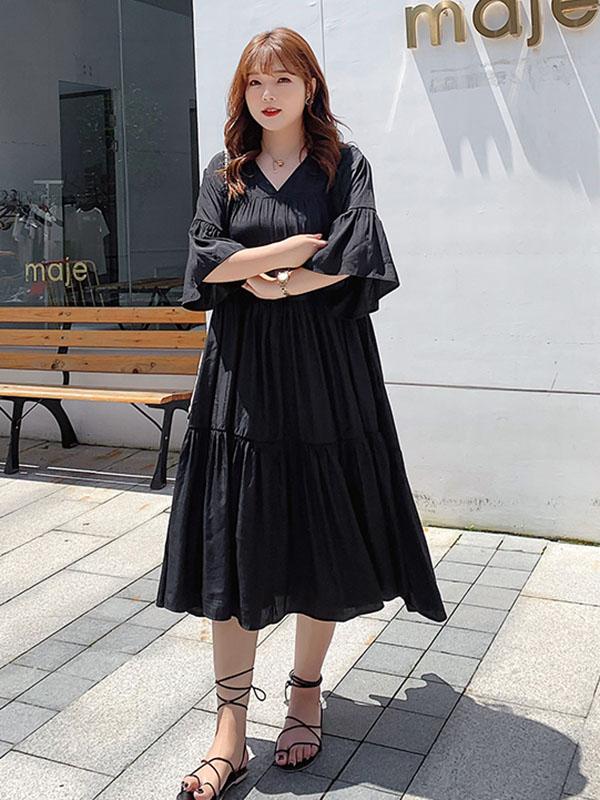 Loose Flared Sleeves Solid Layeres Dress