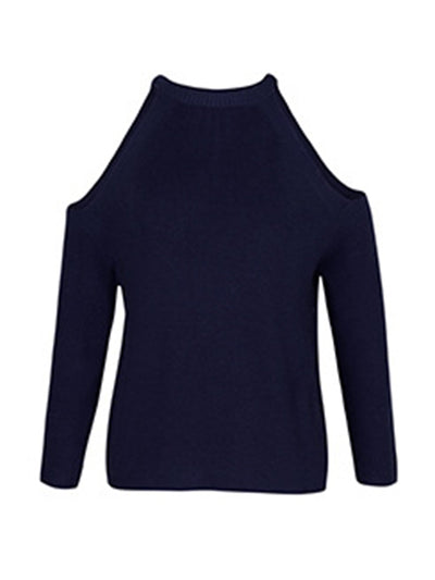 Casual Solid Color Round-Neck Cold Shoulder Long Sleeves Knitted Sweater