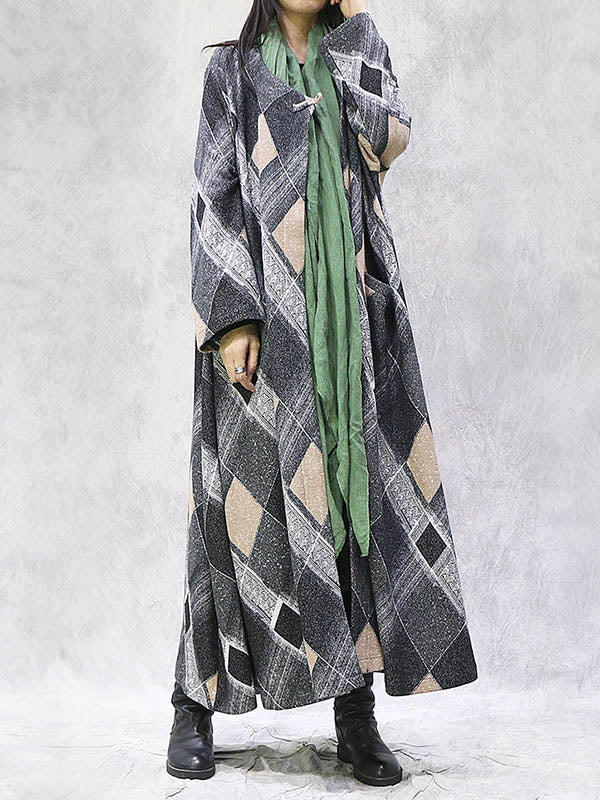 Artistic Retro Plus Size Plaid Long Sleeves Coat