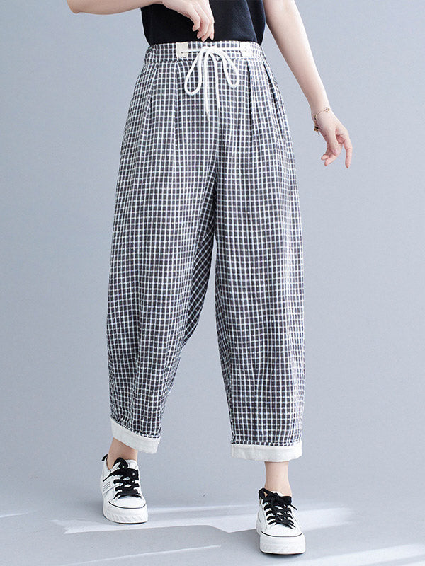 Vintage Ramie Cotton Plaid Drawstring Pants