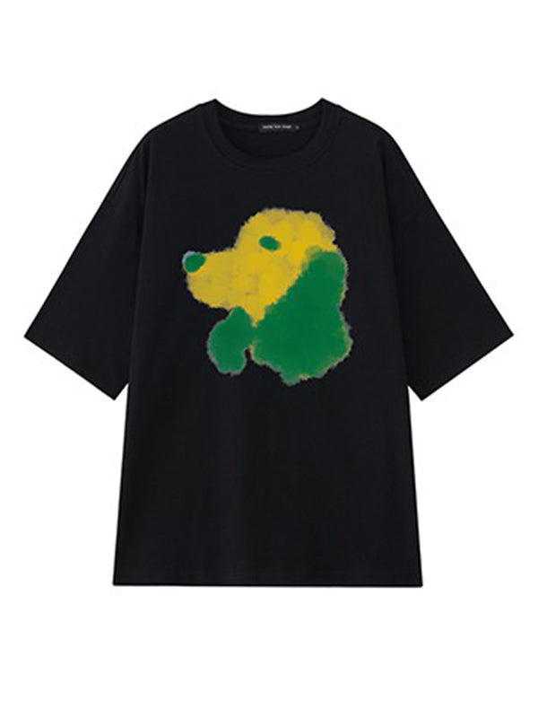 Oversized Contrast Color Dog Printed T-Shirt