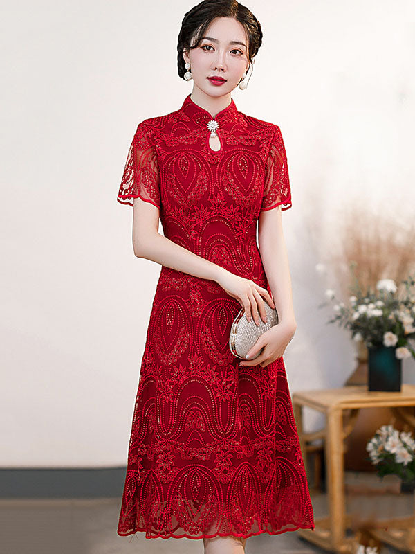 Gauze Lace Hollow Stand Collar Short Sleeves Wedding Cheongsam