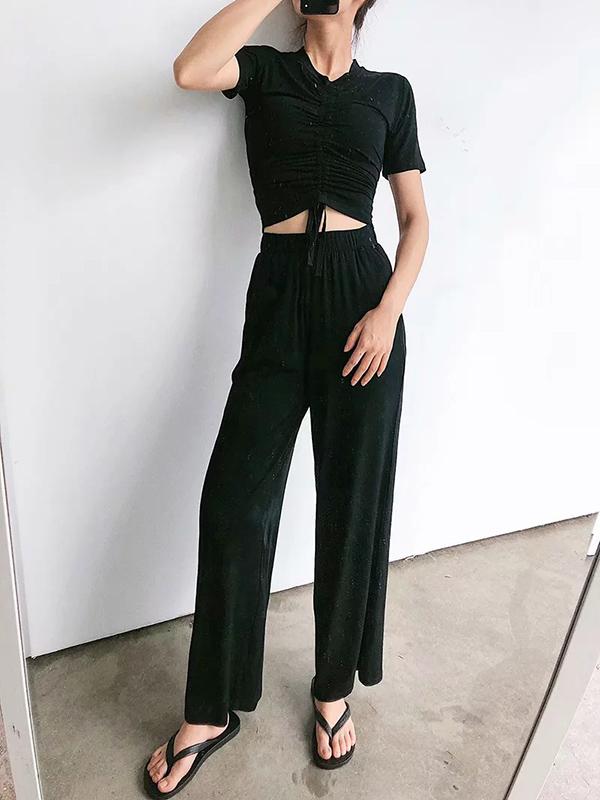 Drawstring Pleated Tees And Wide Leg Pants Suits