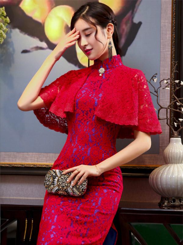 3 Colors Banquet Lace Split-side Long Cheongsam