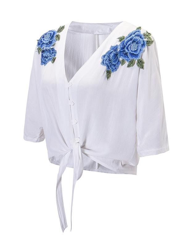 Blue Applique Single Breasted Blouses&Shirts Tops