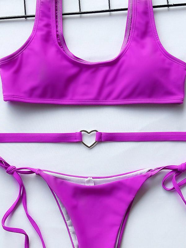 Plain Love Belt Split Bikini Swimsuit