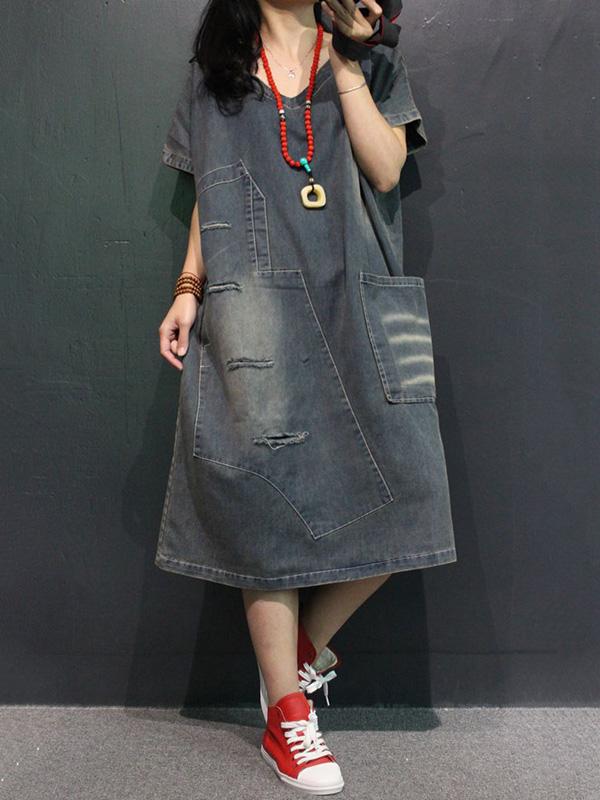 Retro Jean V-neck Dress