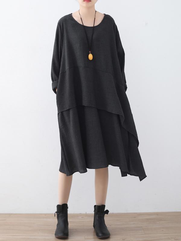 Black Split-joint Round-neck Linen Dress