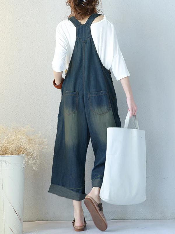 Loose Denim Embroidered Wide Leg Jumpsuit