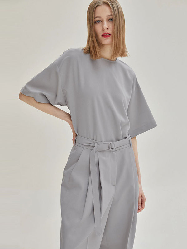 Casual Solid Color Zipper Buttoned Round-Neck Half Sleeves T-Shirt+Tied Wide Leg Pants 2 Pieces Set