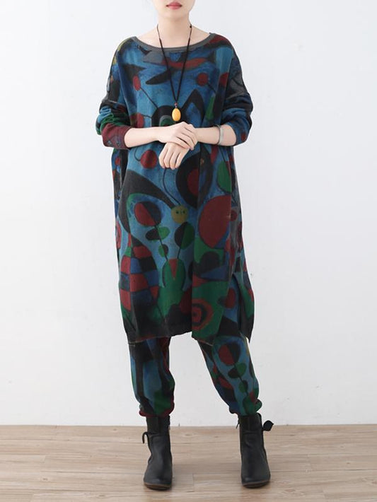 Two-Pieces Vintage Loose Multicolored Sweater And Pants Suit