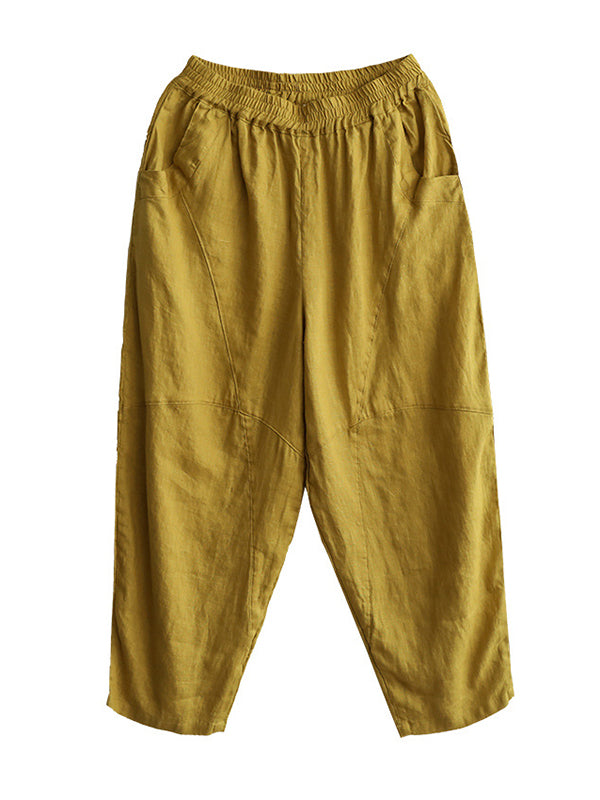 Simple Linen Solid Color Split-Joint Harem Pants