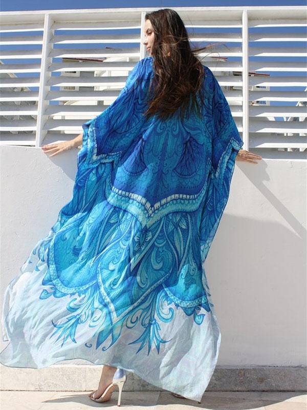 Blue-white Super Loose Printed Beach Cover-ups