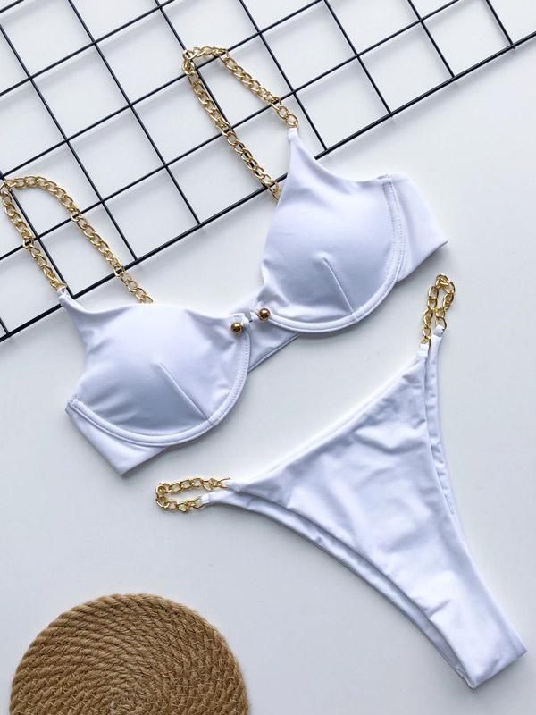 Plain Pin Buckle Chain Bikini Swimsuit