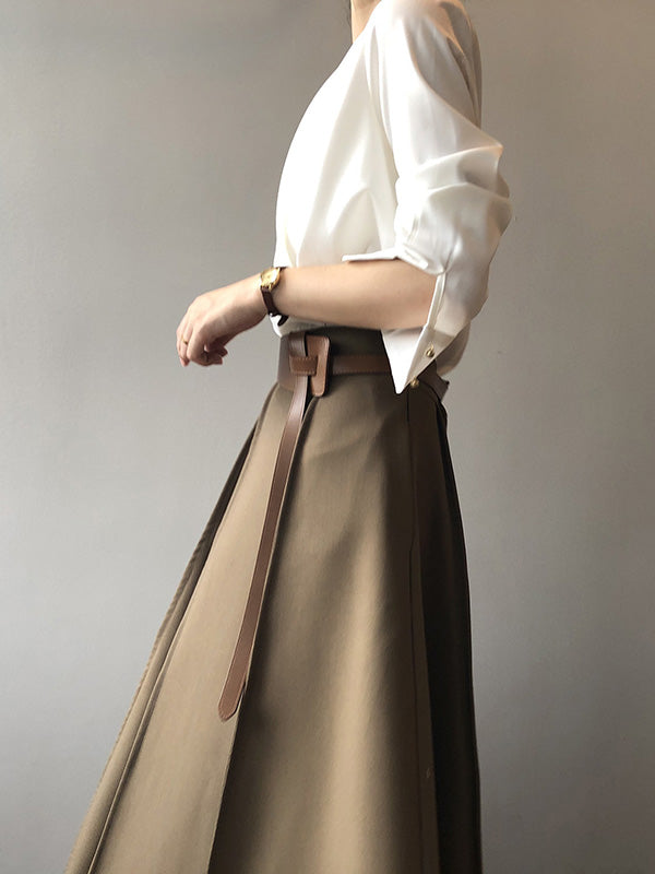 Simple Loose Solid Color Pleated A-Line High-Waist Long Skirt