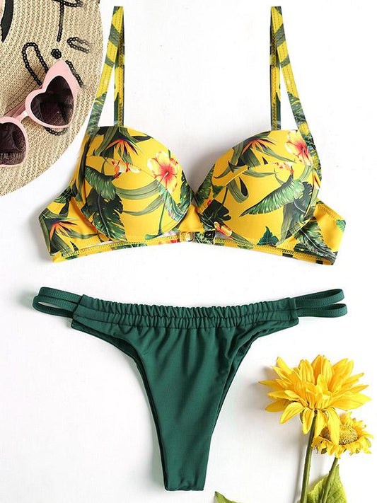 Flower Printed Top With Solid Panty Bikini Set