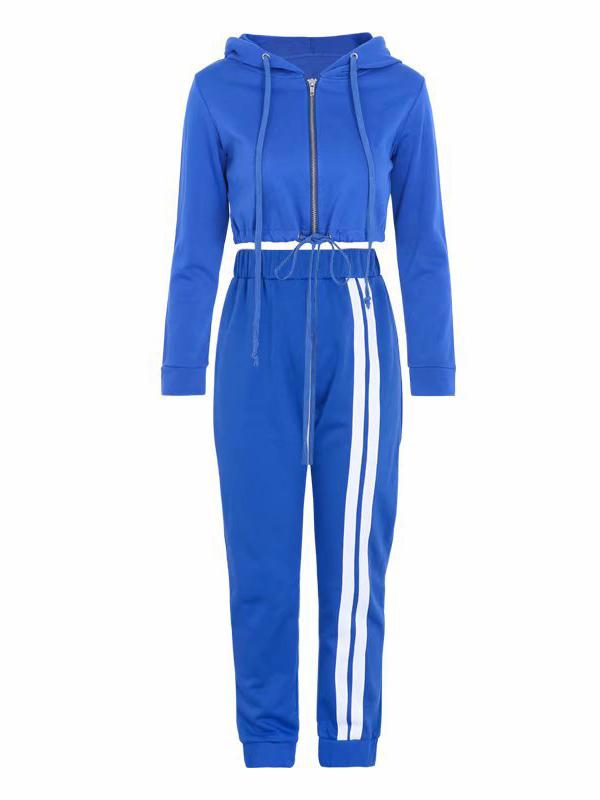 Zipper Hooded Sweatershirts And Striped Track Pants Suits