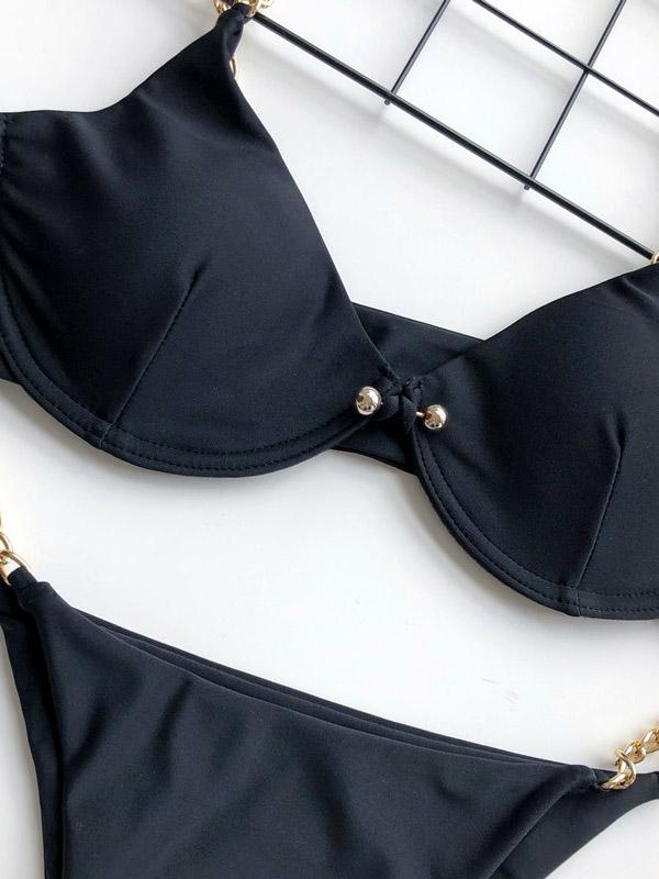 Plain Pin Buckle Chain Bikini Swimsuit