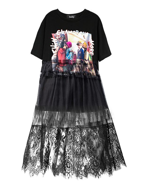 Cartoon Mesh Split-joint Printed Dress