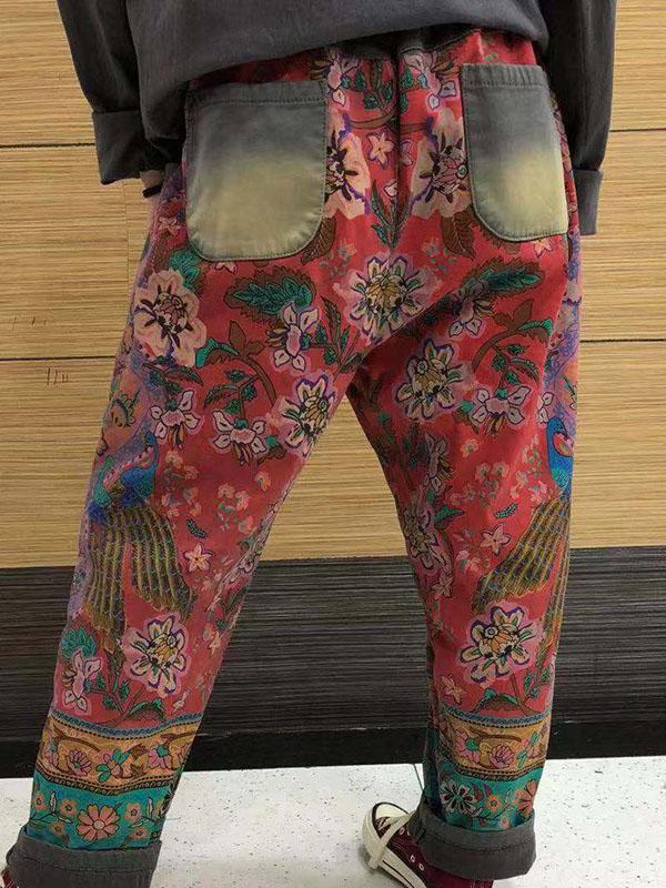 National Floral Print Split-joint Harem Pants