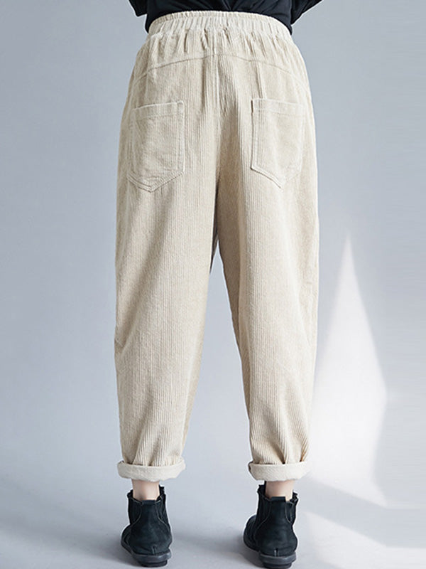 Casual Solid Color Split-Joint With Pocket Elasticity Wide Legs Corduroy Harem Pants