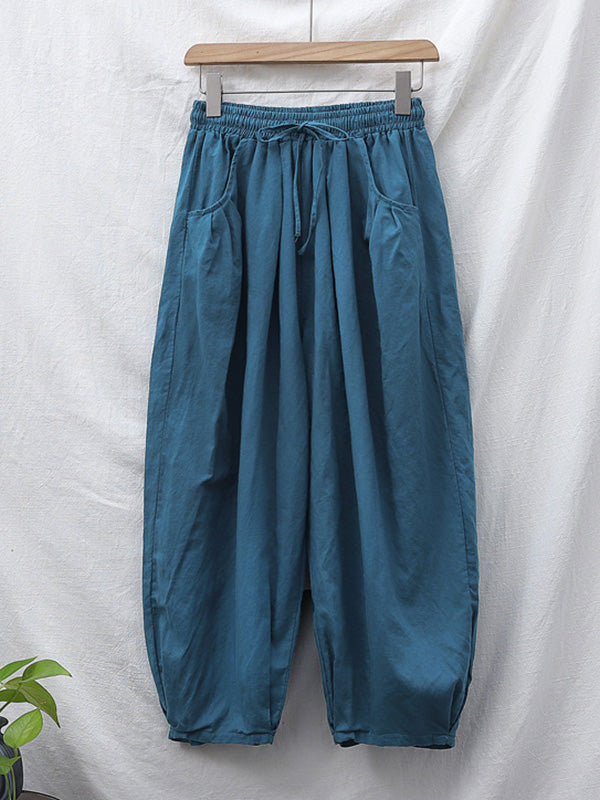 Simple Casual Loose Linen Solid Color Pleated Drawstring Knickerbockers