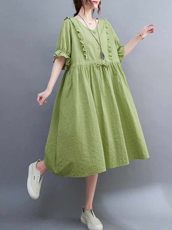 Original Loose Solid Color Falbala Drawstring Midi Dress