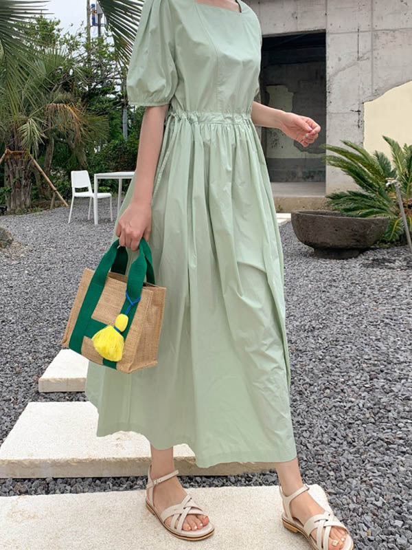 Casual Loose Solid Color Pleated Drawstring Square-Neck Bishop Sleeves Midi Dress