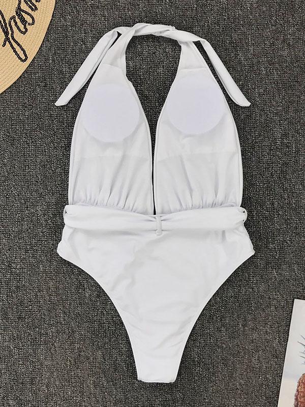 Sexy V-Neck Waist Buckle Backless One-Piece Swimwear