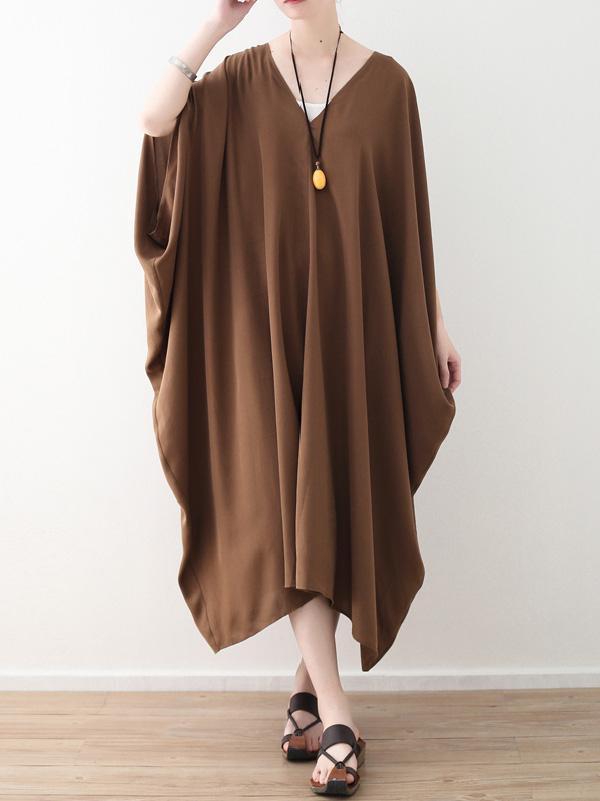 Loose Coffee Batwing Sleeves V-neck Long Dress