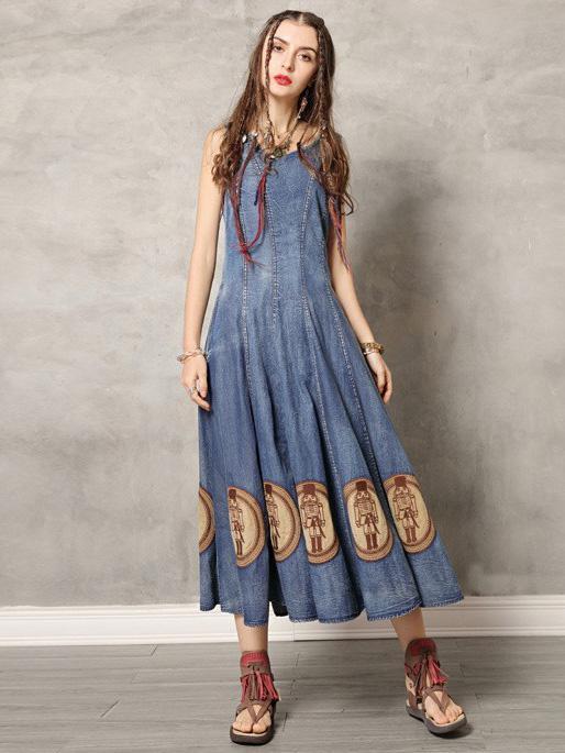 Vintage Embroidered Denim Vest Dress