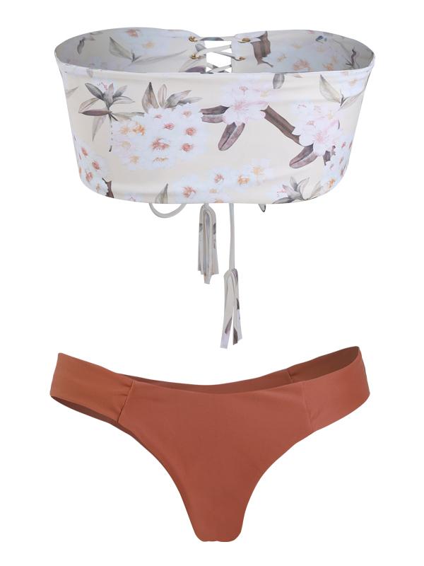 Printed Lace-up Top With Plain Panty Bikini Set