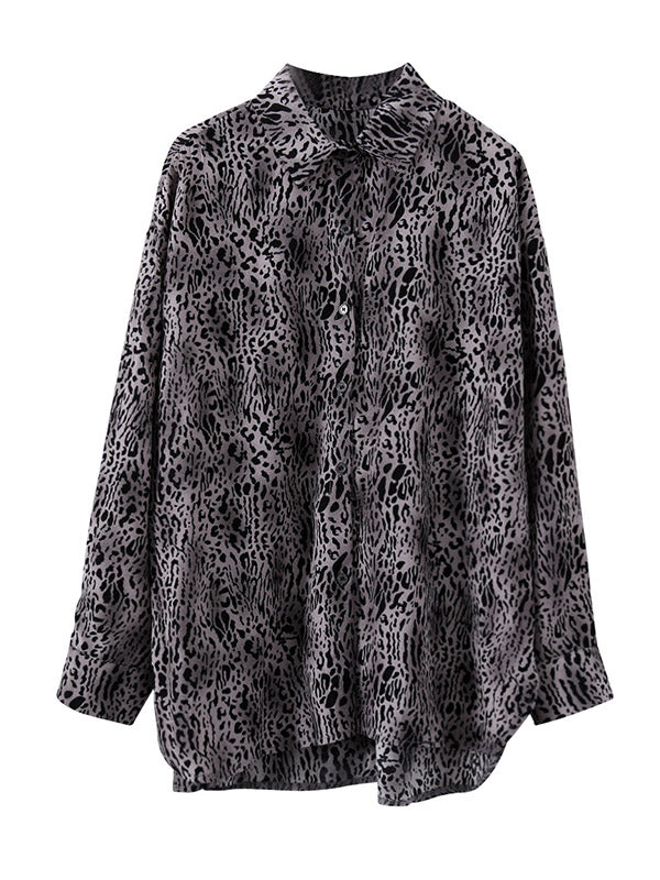 Stylish Leopard Buttoned Lapel High-Low Long Sleeves Blouse Tops